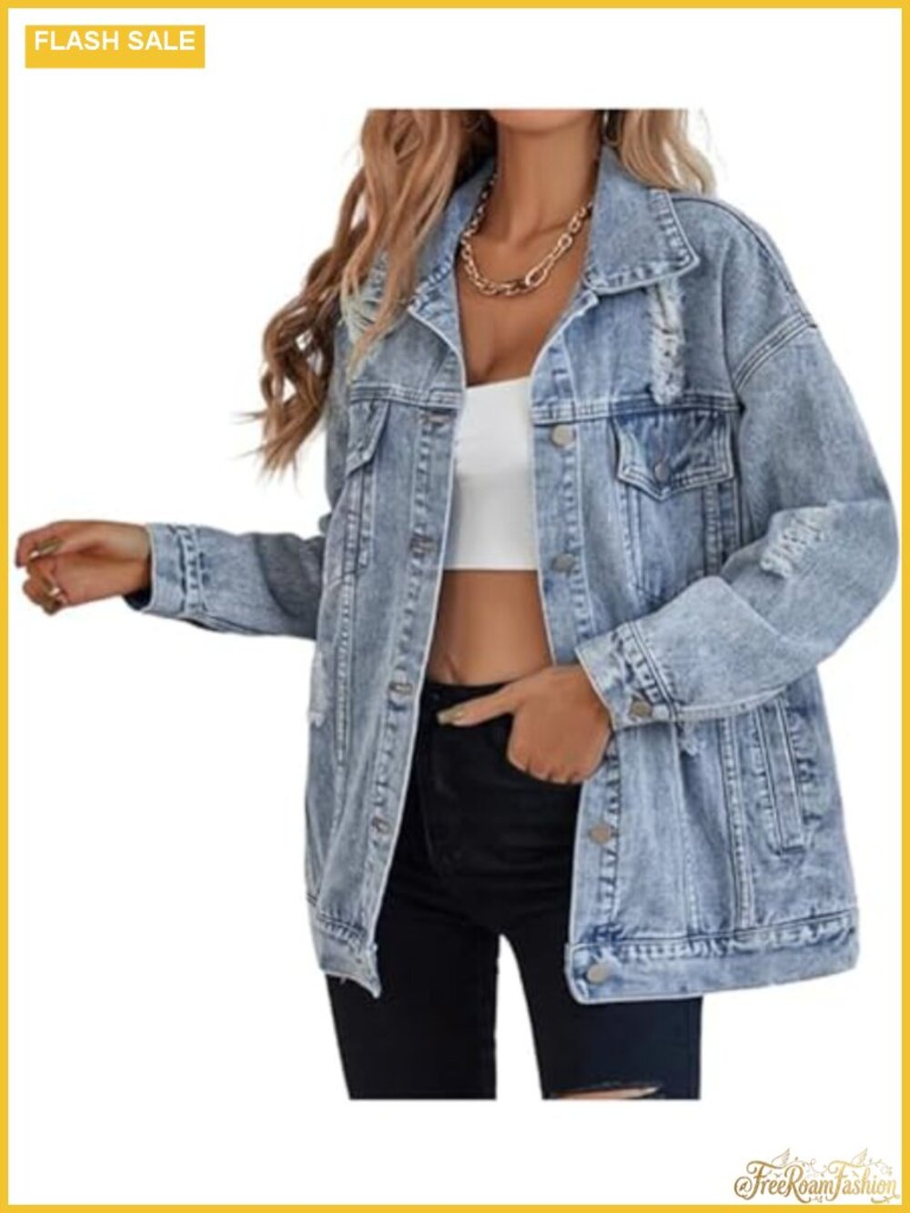 Oversized Distressed Denim Jacket with Pockets for Women